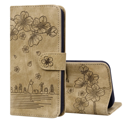 Beige folio phone case with embossed floral sakura cat design and side strap
