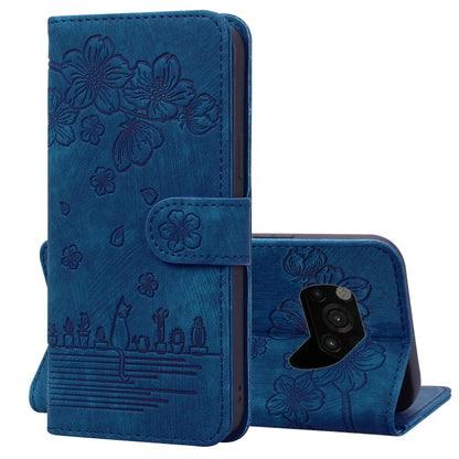 Royal blue embossed leather folio phone case with floral cat design, flip cover and stand
