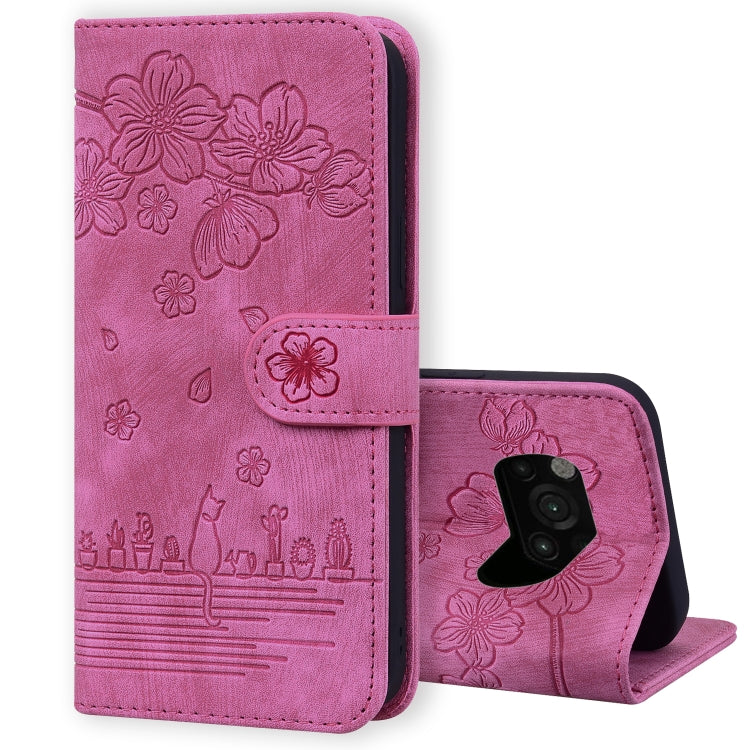 Rose pink folio phone case with embossed sakura cat pattern, flip cover and lens cutout