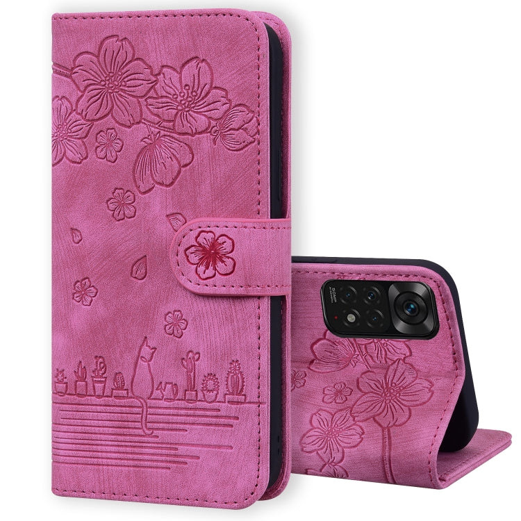 Embossed sakura cat leather folio phone case with card strap, rose-pink