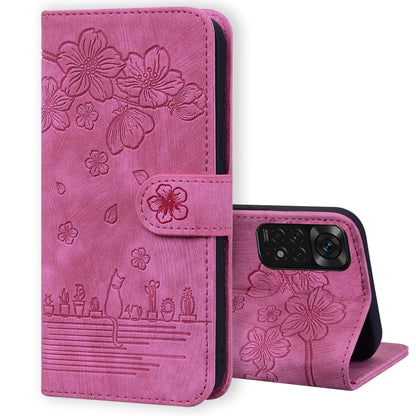 Embossed sakura cat leather folio phone case with card strap, rose-pink