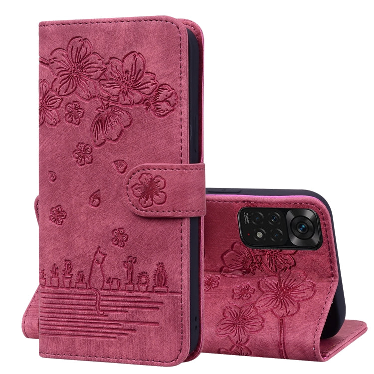 Rose pink embossed sakura faux leather flip phone case with side stand and camera opening