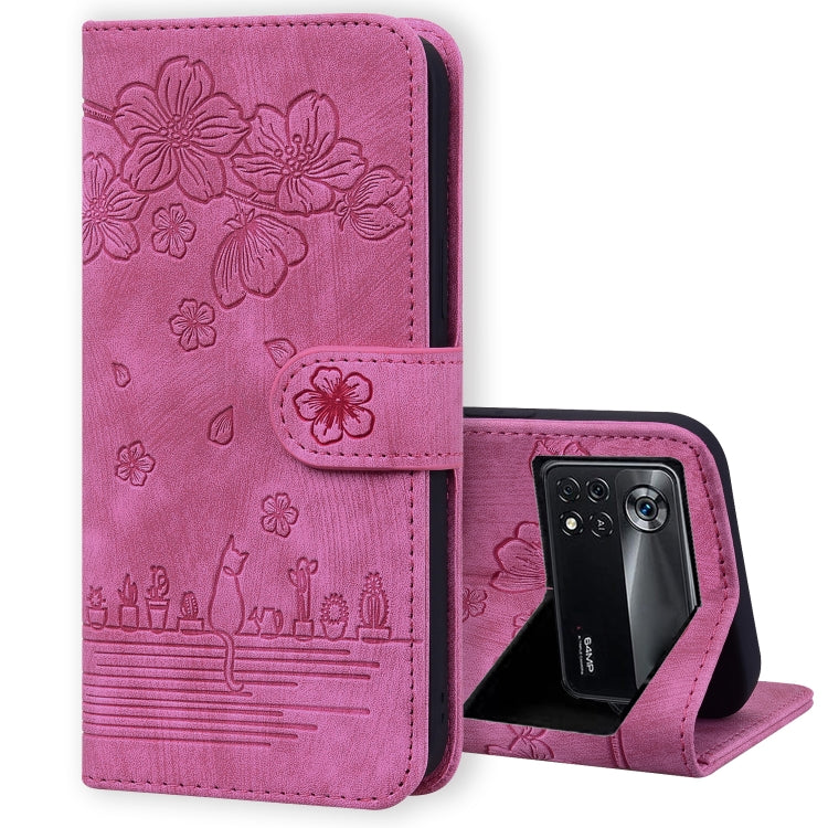 Embossed sakura cat leather folio phone case, rose-pink with cutout camera