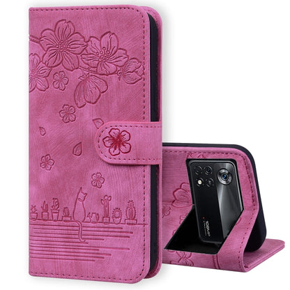 Sakura cat embossed leather folio phone case with floral texture, rose-pink