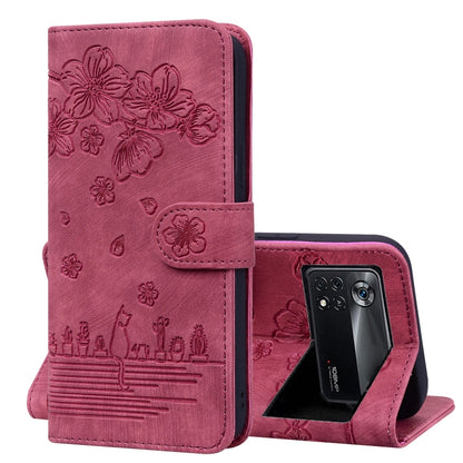 Rose pink embossed faux leather phone case wallet with sakura floral pattern and stand