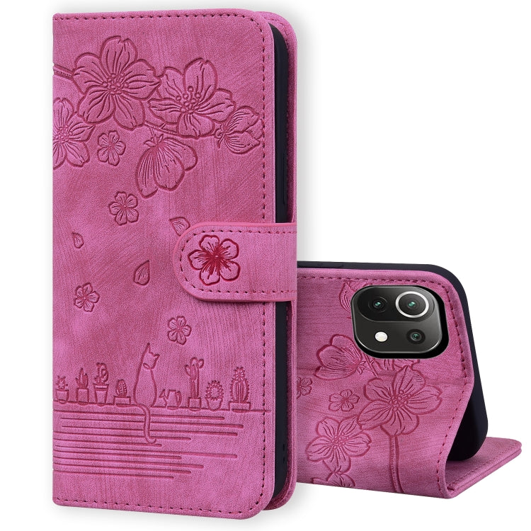 Embossed sakura cat leather folio phone case, rose-pink with dual camera view