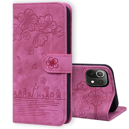 Embossed sakura cat leather folio phone case, rose-pink with dual camera view