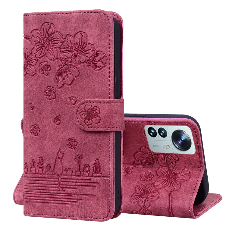 Rose pink embossed sakura faux leather phone case wallet with magnetic flap and camera cutout