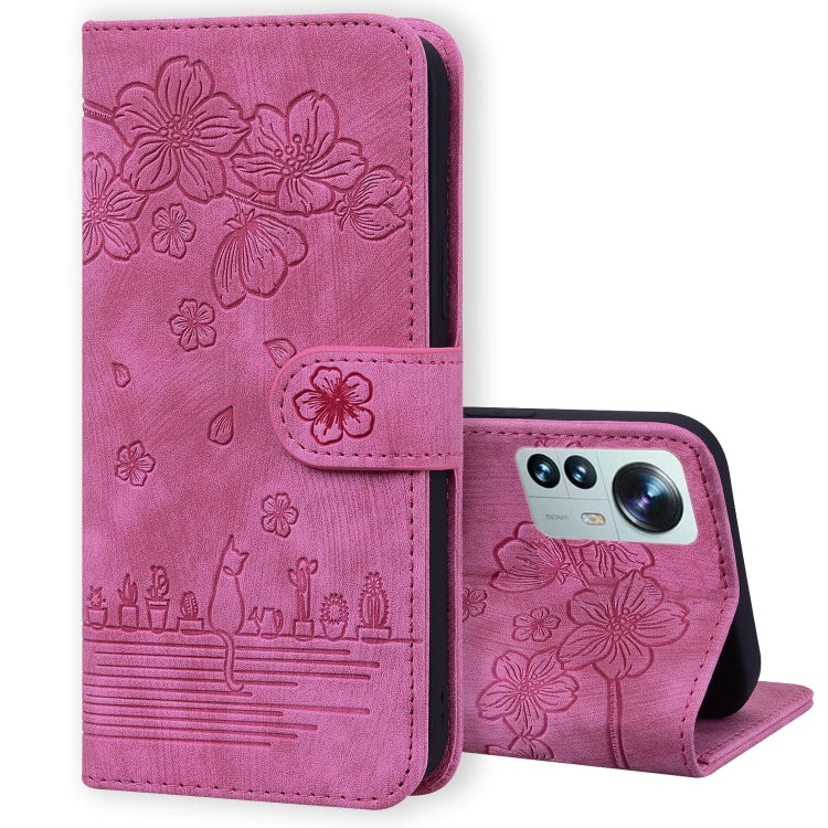 Sakura cat embossed leather folio phone case, rose-pink front flap