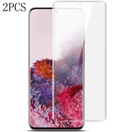Two curved full-screen hydrogel screen protectors, clear film with rounded edges