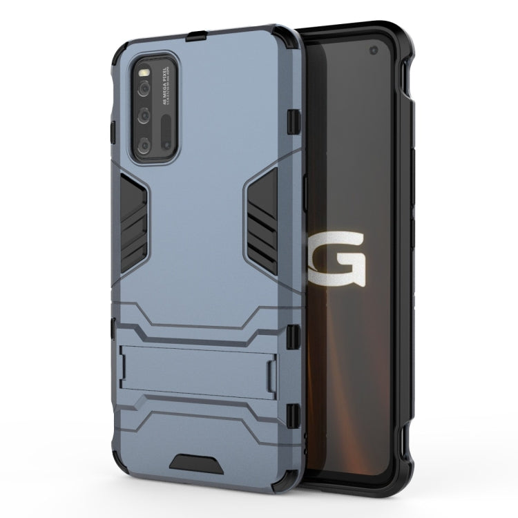 Shockproof phone case with navy-blue back and raised armor-style panel details