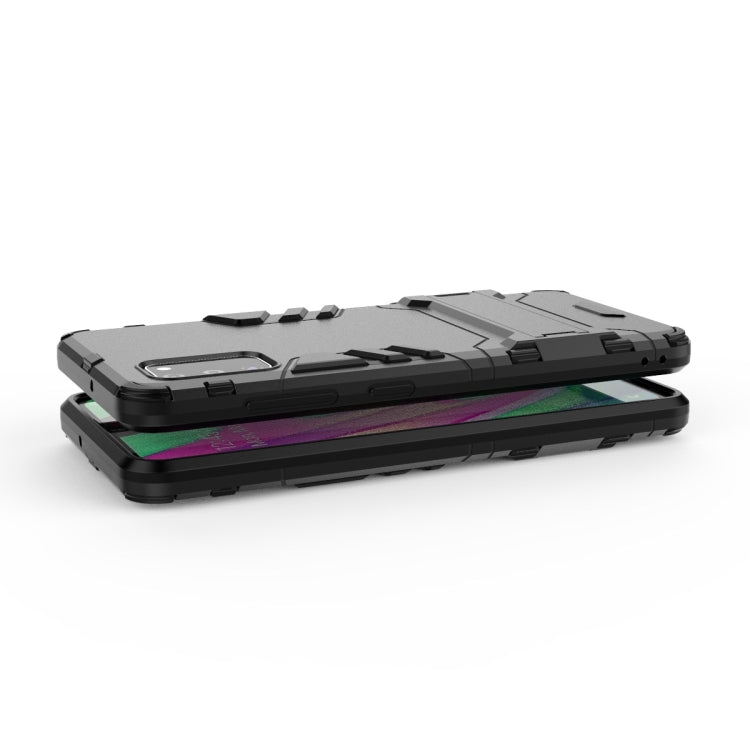 Rugged shockproof phone case with kickstand tab and blue-gray back