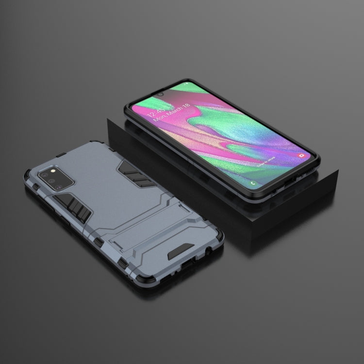 Shockproof phone case with kickstand, blue-gray back and protective bumper frame