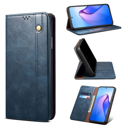 Navy blue leather phone case with camera cutout, snap button, and flip-stand support.
