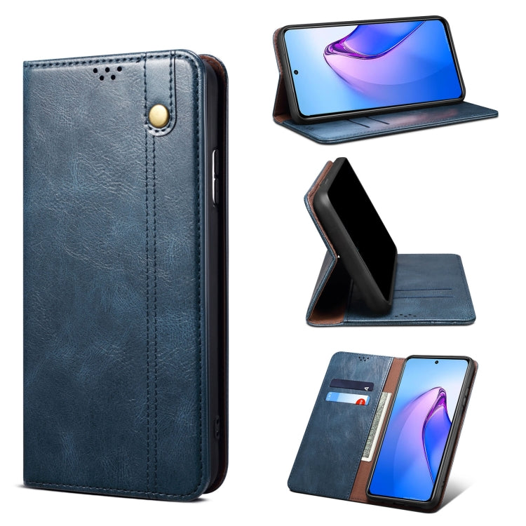 Dark navy leather phone case with card slot and folio stand