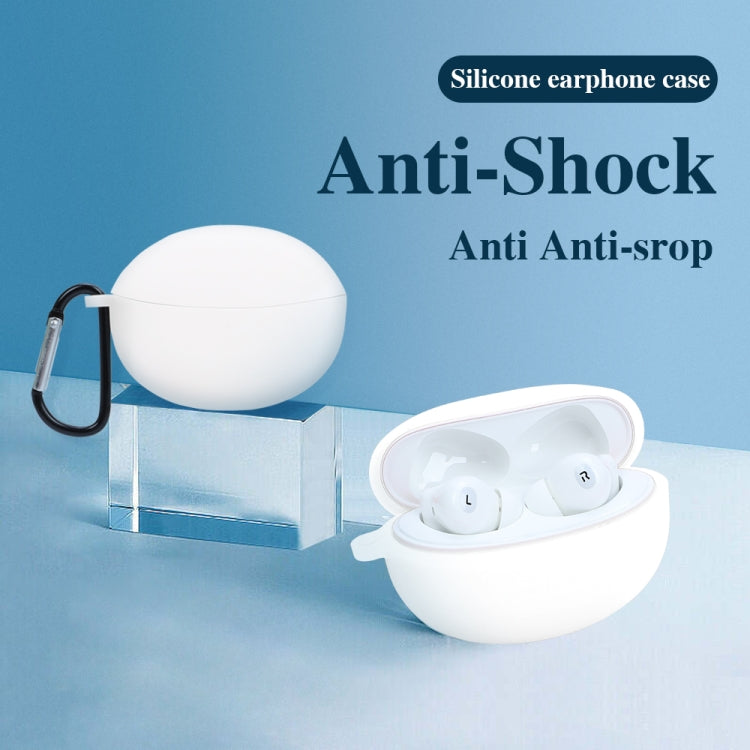 White silicone earphone case, open with earbuds, black hanging loop