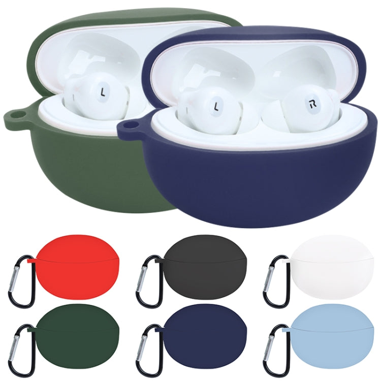 Assorted silicone earphone cases with earbuds and black carabiner loops, multiple colors
