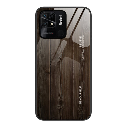 Wood-grain glass phone case with dark brown wood texture and camera cutouts