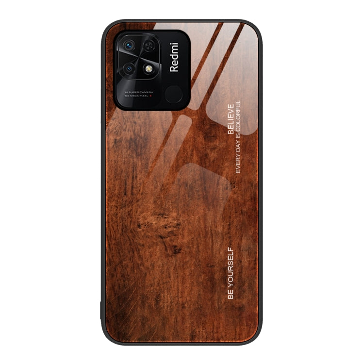 Wood-grain glass phone case with coffee brown wood texture and camera cutouts