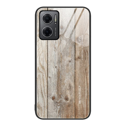 Wood-grain phone protective case with camera cutouts and flash opening, light beige-gray wood tone.