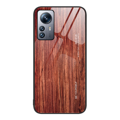 Wood grain glass phone case with reddish-brown wood stripes and black frame