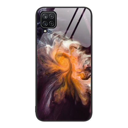 Glass protective phone case with purple, orange marble swirl pattern