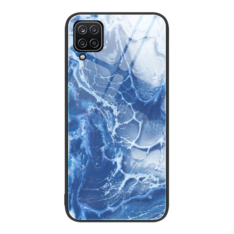Glass protective phone case with blue ocean marble crackle pattern