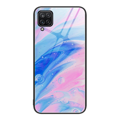 Glass protective phone case with pink and blue fluid swirl marble pattern