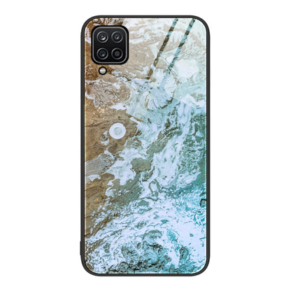Glass protective phone case with tan, white, and green ocean marble crackle pattern
