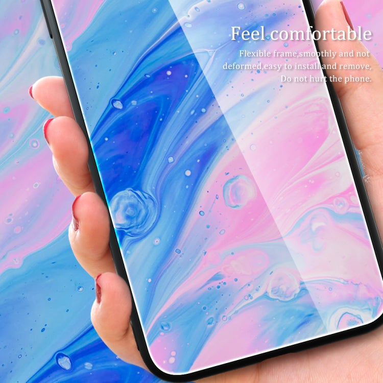 Blue and pink wave glass phone case, front view with curved edges