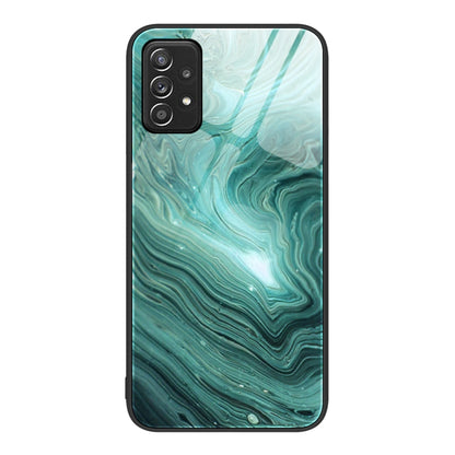 Glass protective phone case with teal green layered marble swirl pattern