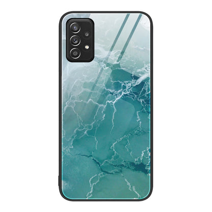 Teal marble-pattern protective phone case with camera cutout and raised edges