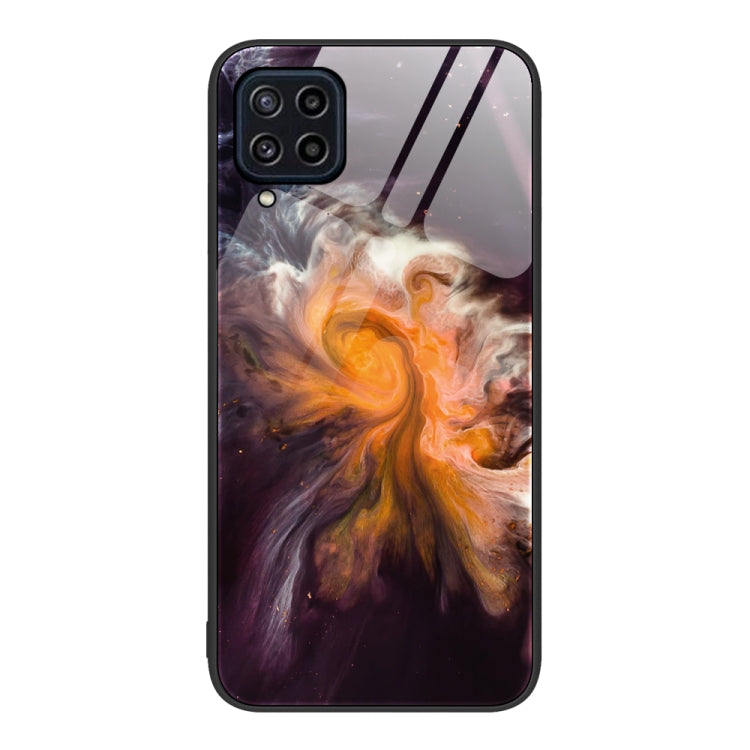 Marble pattern glass phone case with purple, orange, and white abstract swirl, camera cutouts