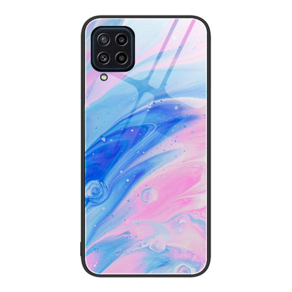 Marble pattern glass phone case with pink and blue swirl, camera cutouts