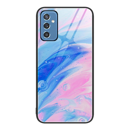 Marble glass protective phone case with pink and blue swirl marble pattern, camera cutout