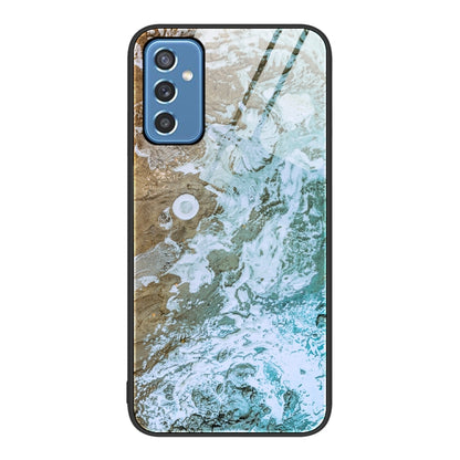 Marble glass protective phone case with beige and green cracked pattern and camera cutouts