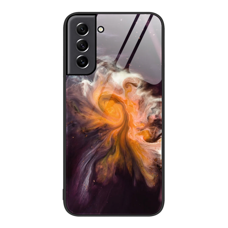 Marble glass protective phone case with dark purple and orange nebula pattern, camera cutouts