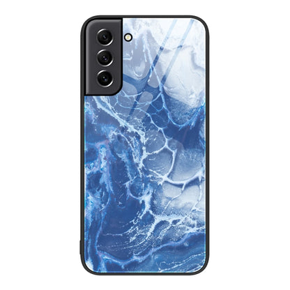 Marble glass protective phone case with blue ocean web pattern and camera module