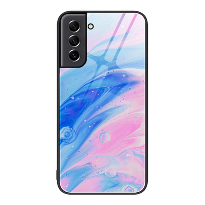 Protective phone case with blue and pink marble swirl pattern and black frame