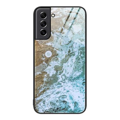 Protective phone case with tan, green, and white marble pattern and black frame