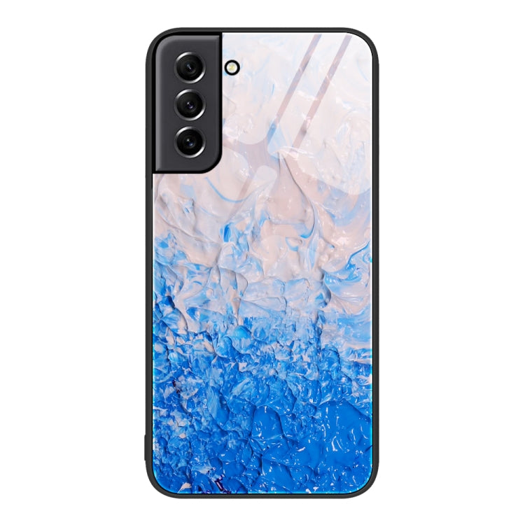 Protective phone case with light and deep blue marble swirl pattern and black frame