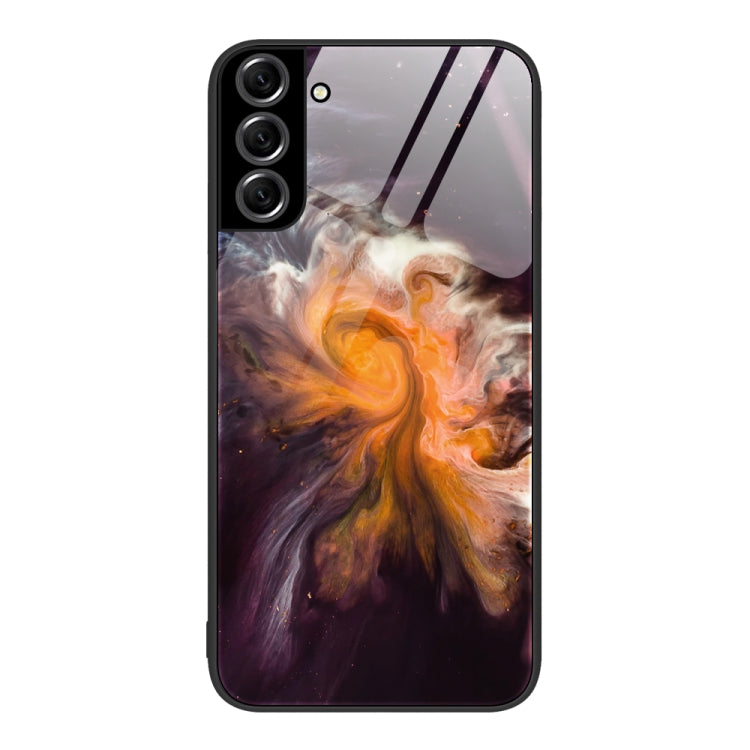 Protective phone case with dark nebula and orange swirl art and black frame