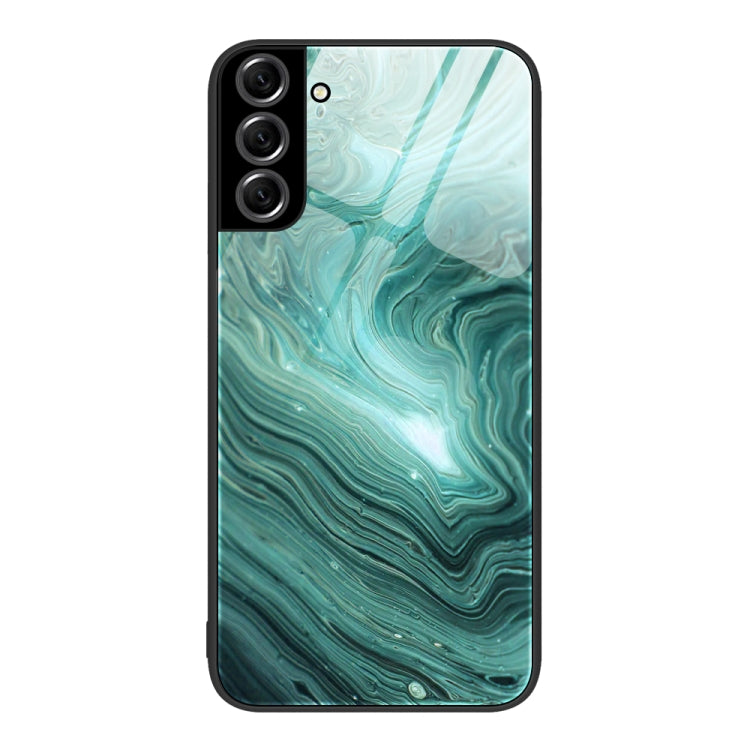 Protective phone case with teal green marble waves pattern and black frame