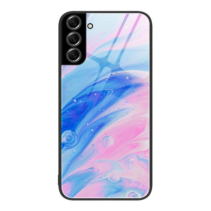 Protective phone case with blue and pink marble swirl pattern and black frame