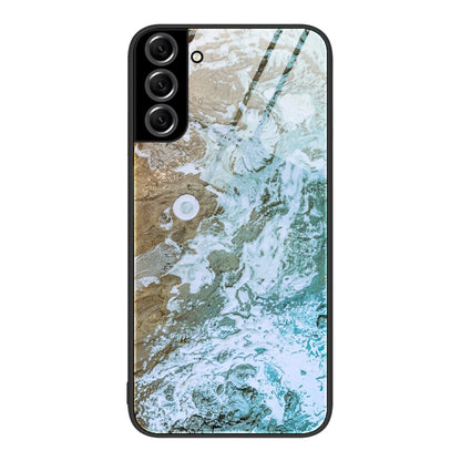 Protective phone case with tan, green, and white marble pattern and black frame