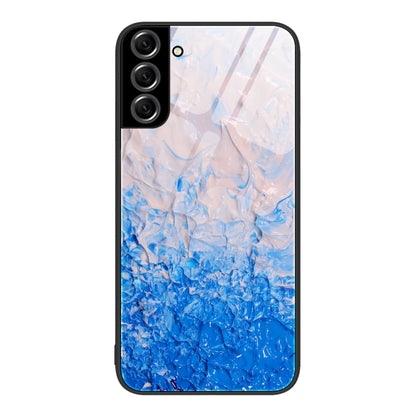 Protective phone case with light and deep blue marble swirl pattern and black frame