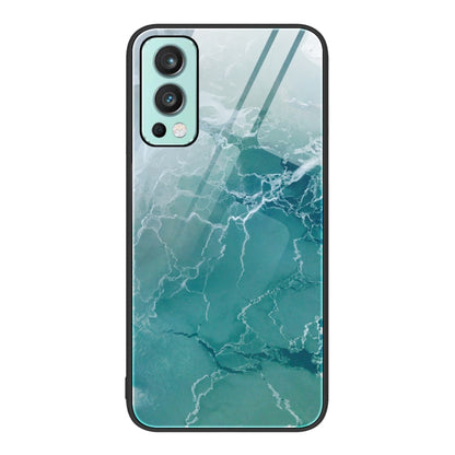 Marble pattern glass protective phone case, teal and green with diagonal stripe accents