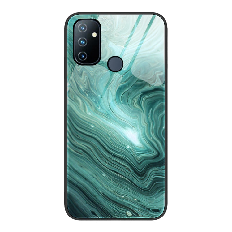 Marble pattern glass protective phone case, teal green wave swirls with diagonal highlight stripes