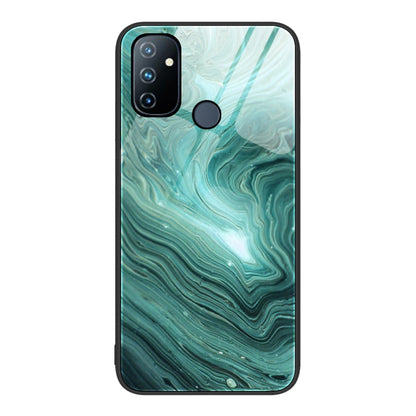 Marble pattern glass protective phone case, teal green wave swirls with diagonal highlight stripes