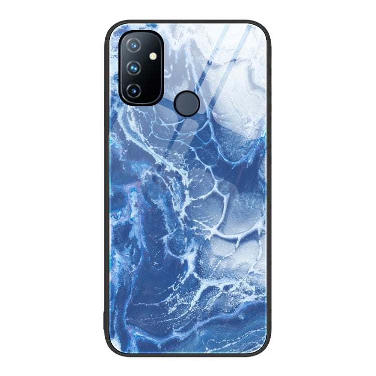 Marble pattern glass protective phone case, blue icy marbling with white vein details